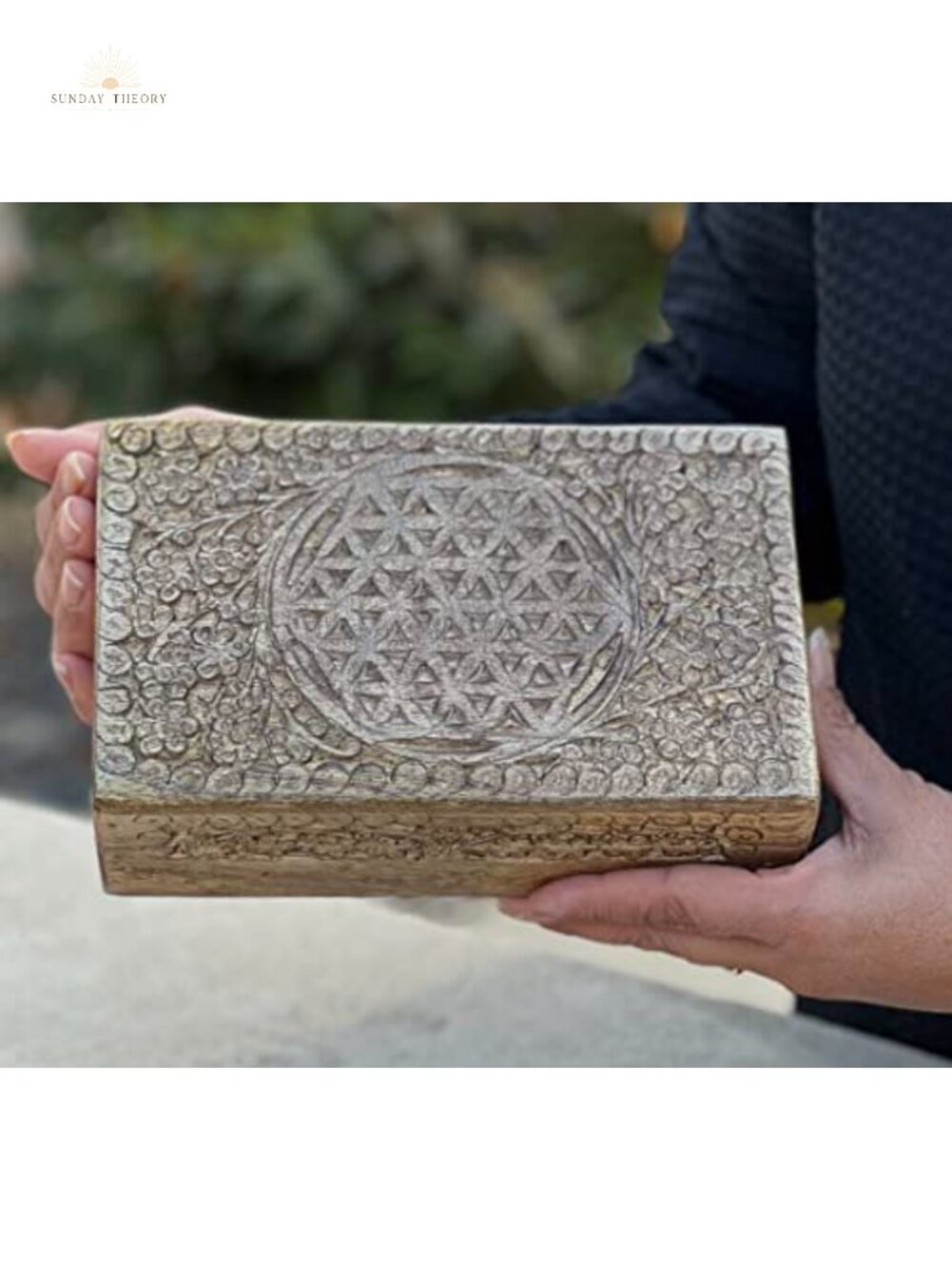 Large Hand Carved Wooden Jewelry Box Flower of Life Storage Trinket Keepsake